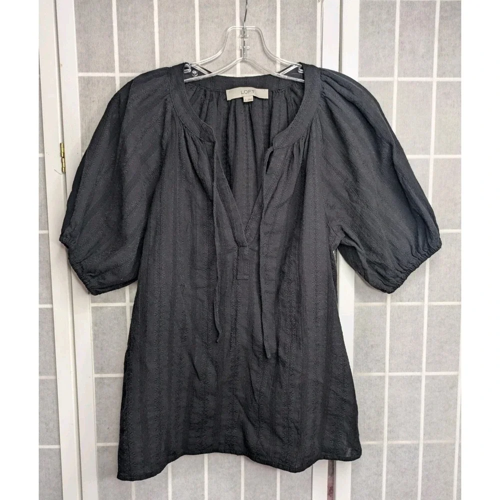 LOFT Womens Peasant Top Small Solid Black Tie 100% Cotton Puff Sleeve V Neck